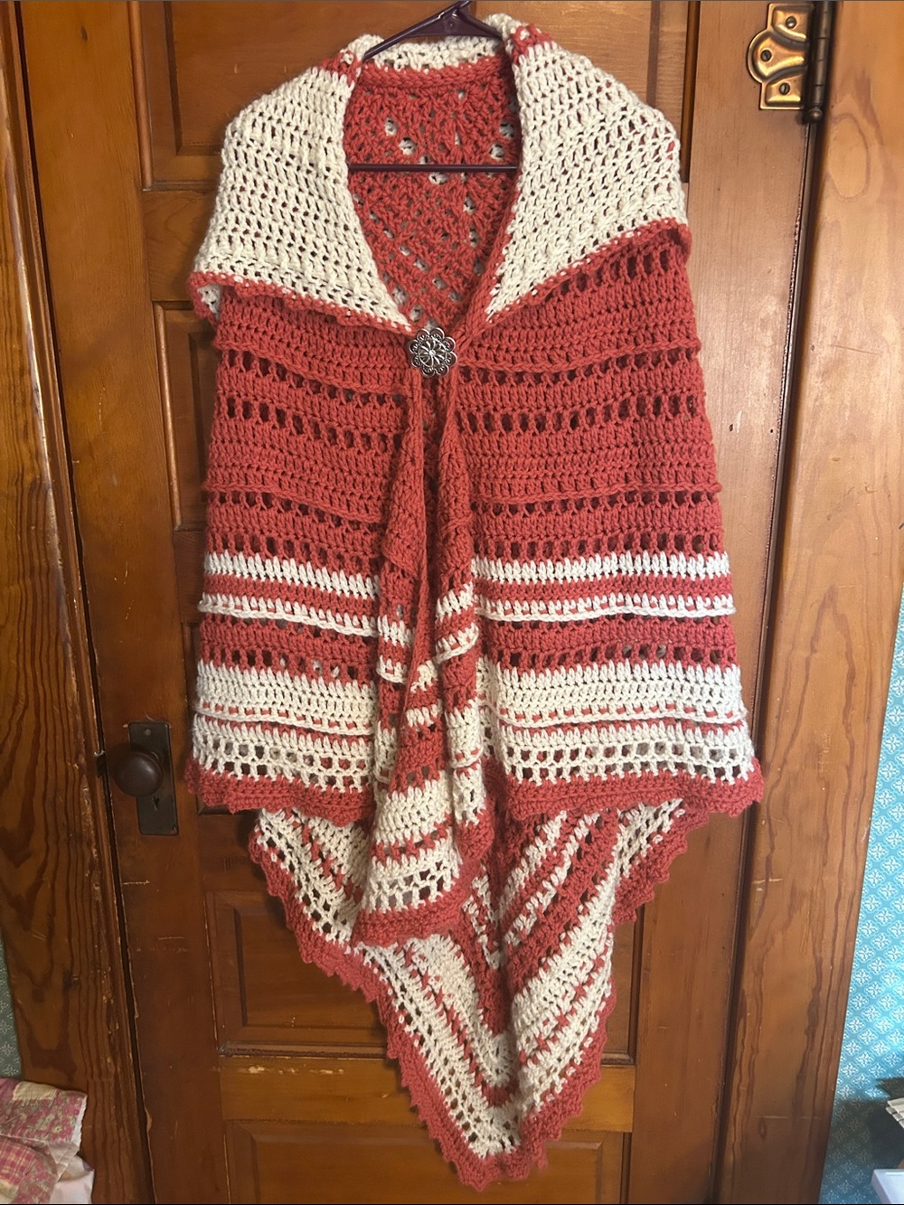 Vintage Handcrafted Coral and Cream Crochet Hooded Sweater Wrap Boho style